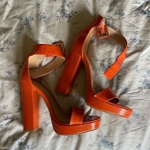 Shoe Republic LA, orange snakeskin platform heels, size 6.5/7